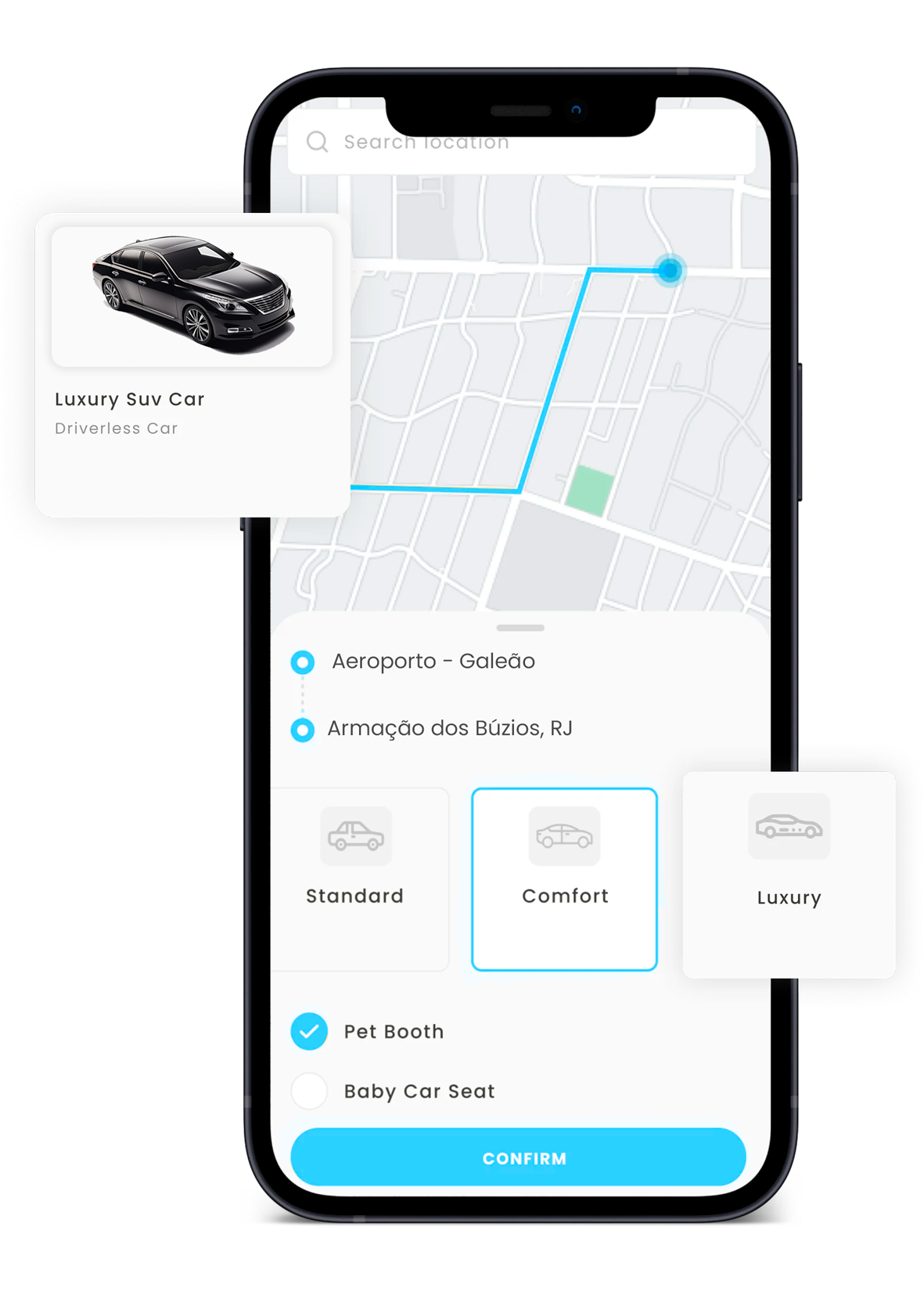 Ilustração de Tela de aplicativo Connect Transfer com opções de carros e escolha de rota de viagem, destacando a conveniência do serviço.